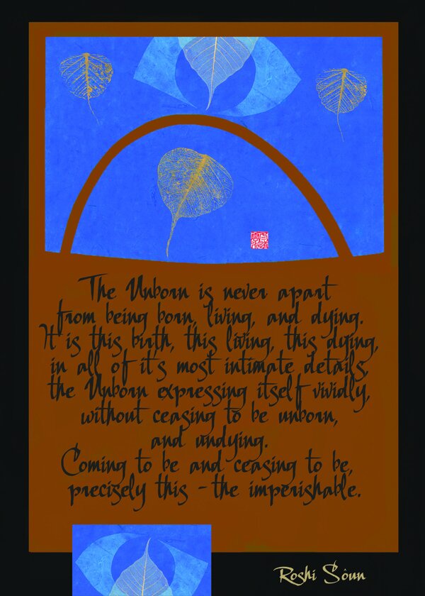 Rashani's blue-and-earth collage featuring a handwritten reflection by Roshi Sôun
